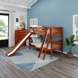 LAUGH CS : Bunk Bed Twin Low Bunk Bed with Slide and Angled Ladder on Front, Slat, Chestnut