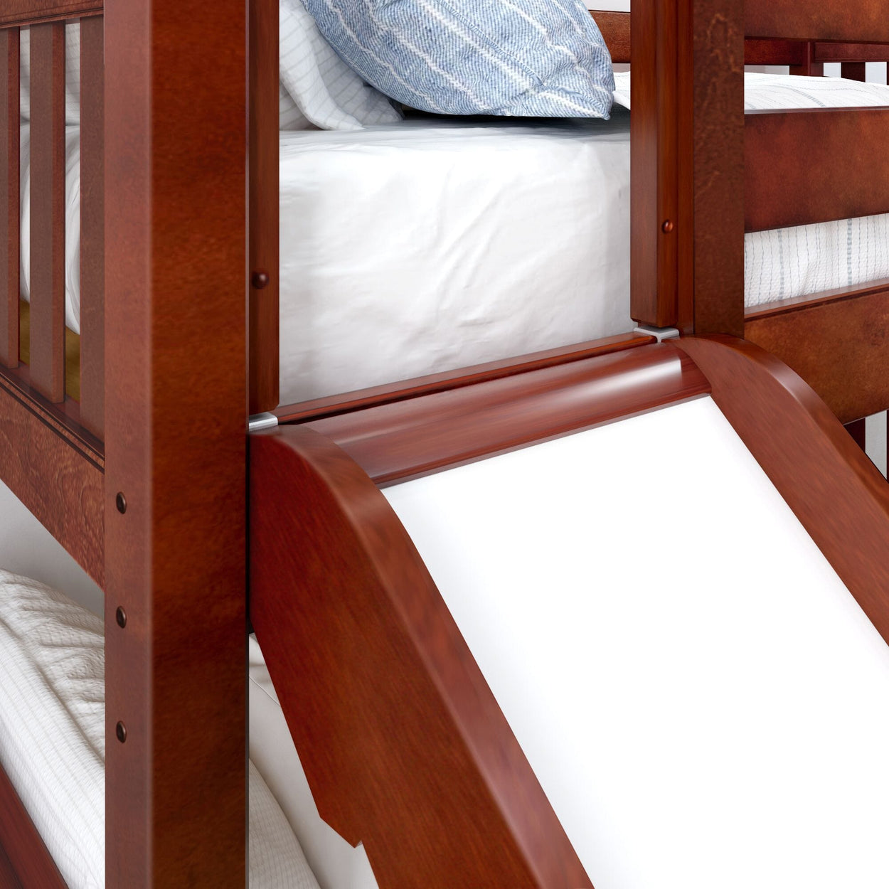 LAUGH CS : Play Bunk Beds Twin Low Bunk Bed with Slide and Angled Ladder on Front, Slat, Chestnut