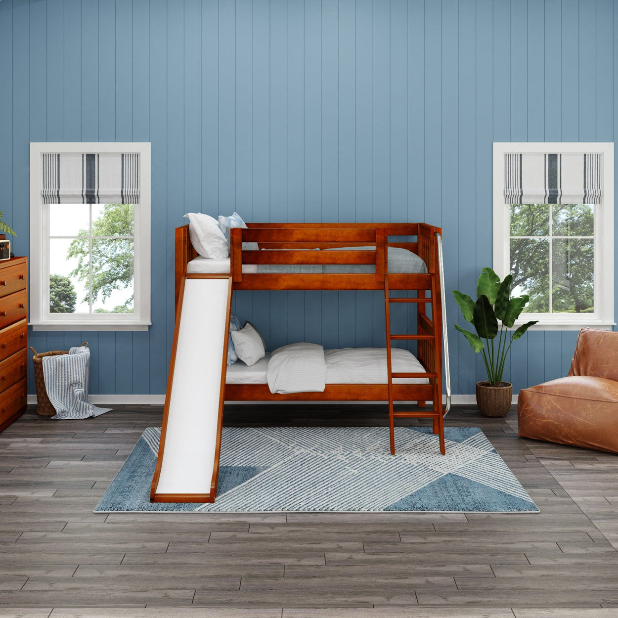 LAUGH CS : Bunk Bed Twin Low Bunk Bed with Slide and Angled Ladder on Front, Slat, Chestnut