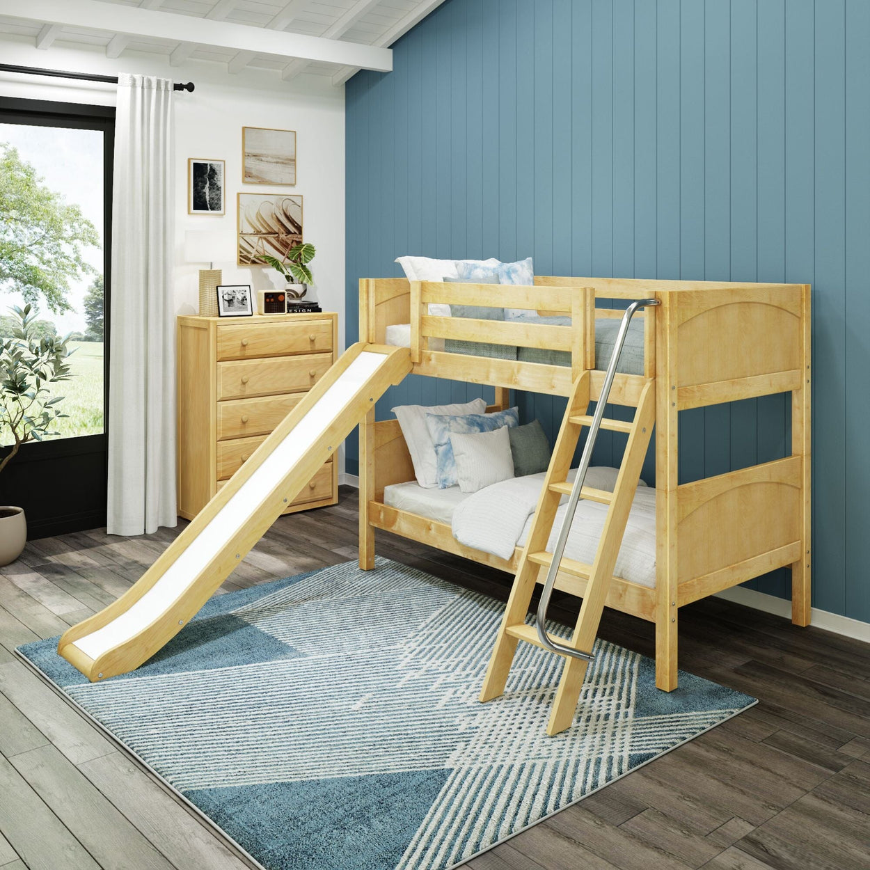 LAUGH NP : Bunk Bed Twin Low Bunk Bed with Slide and Angled Ladder on Front, Panel, Natural