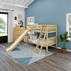 LAUGH NS : Play Bunk Beds Twin Low Bunk Bed with Slide and Angled Ladder on Front, Slat, Natural