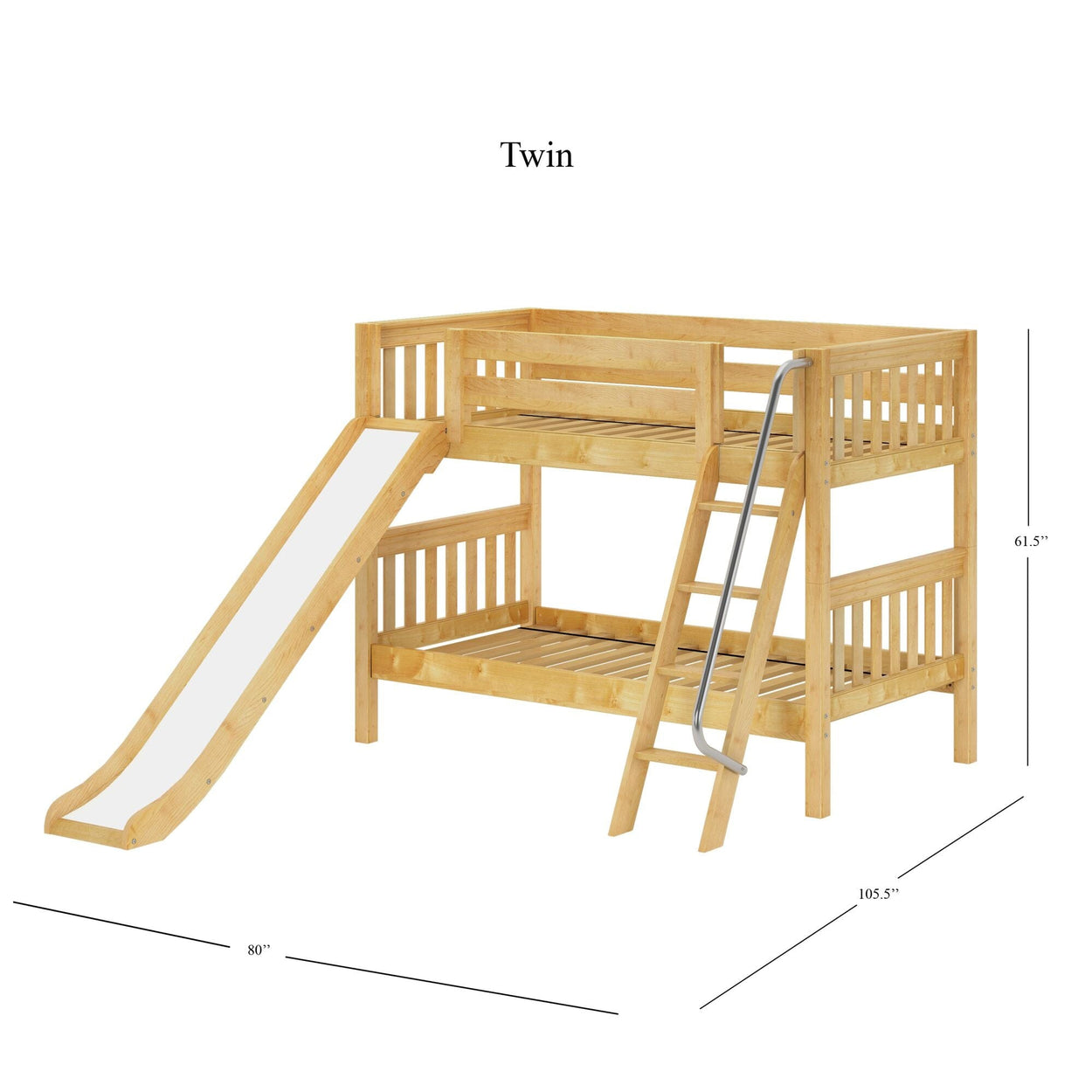 LAUGH NS : Play Bunk Beds Twin Low Bunk Bed with Slide and Angled Ladder on Front, Slat, Natural