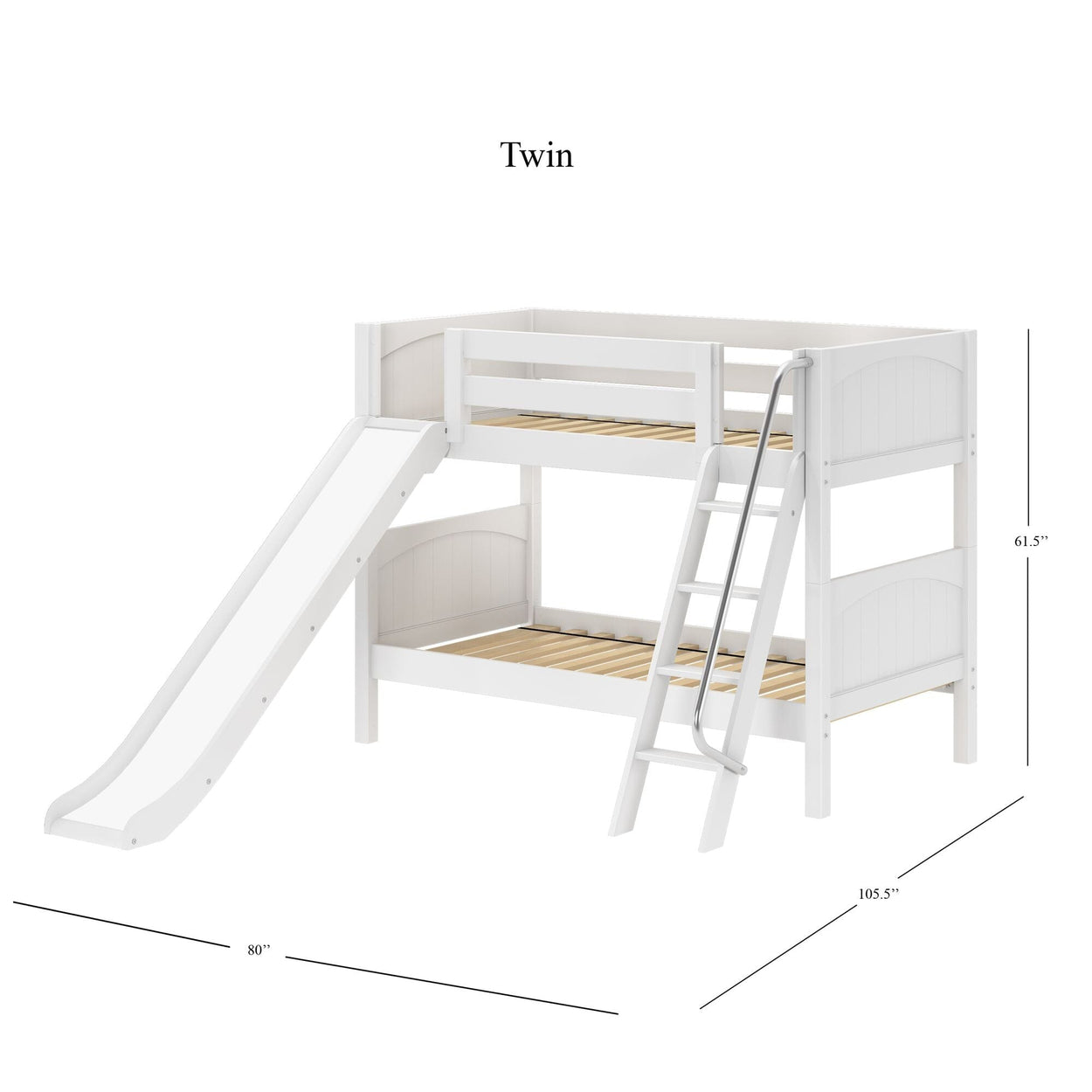 LAUGH WP : Play Bunk Beds Twin Low Bunk Bed with Slide and Angled Ladder on Front, Panel, White