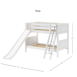 LAUGH WP : Play Bunk Beds Twin Low Bunk Bed with Slide and Angled Ladder on Front, Panel, White