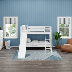 LAUGH WS : Bunk Bed Twin Low Bunk Bed with Slide and Angled Ladder on Front, Slat, White