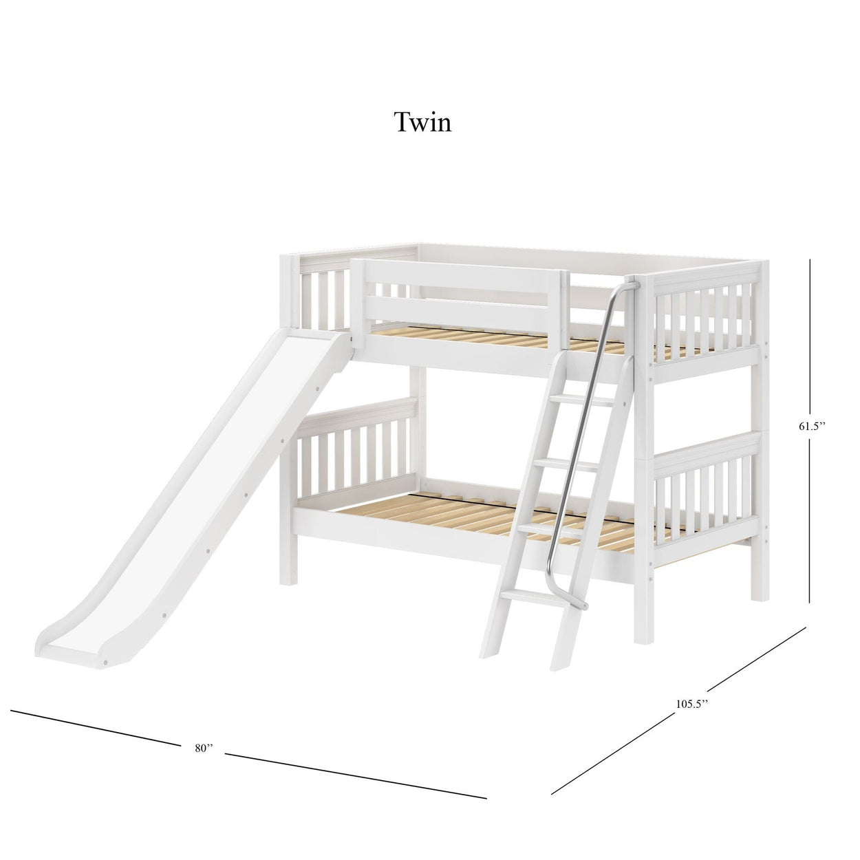 LAUGH WS : Play Bunk Beds Twin Low Bunk Bed with Slide and Angled Ladder on Front, Slat, White