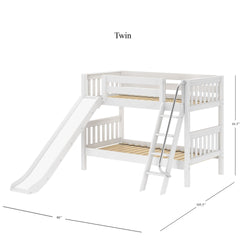 LAUGH WS : Play Bunk Beds Twin Low Bunk Bed with Slide and Angled Ladder on Front, Slat, White