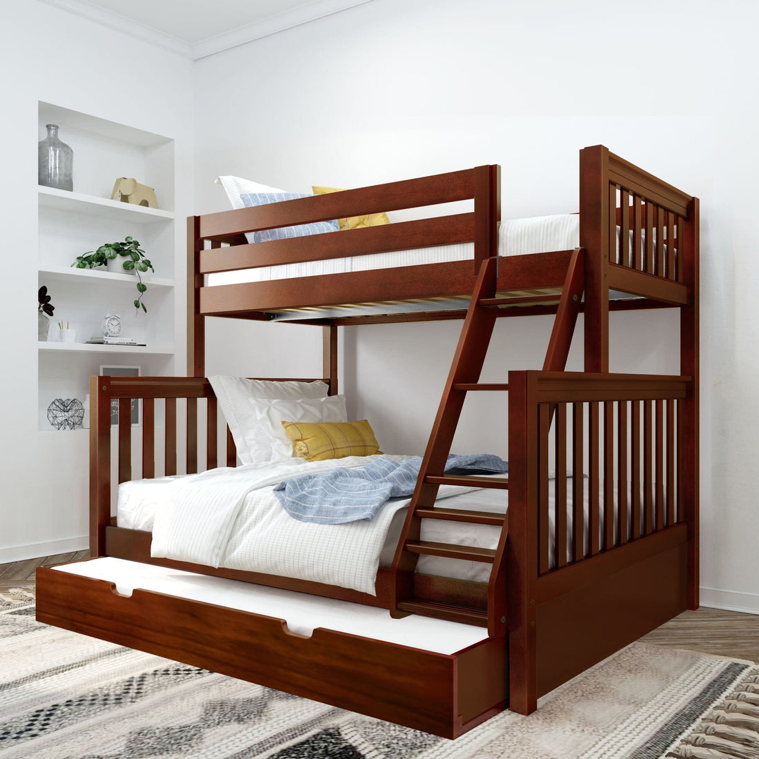 Twin XL over Queen High Bunk Bed with Angled Ladder and Trundle Bed ...