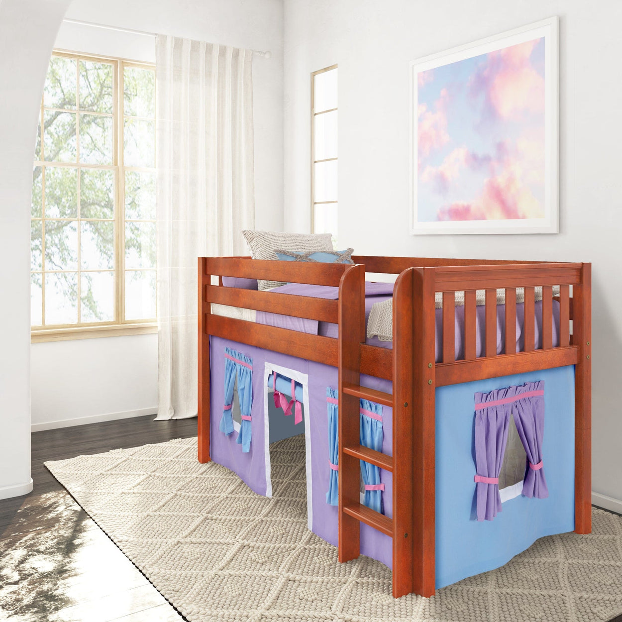 LOW RIDER27 CS : Loft Bed Twin Low Loft Bed with Straight Ladder + Curtain, Slat, Chestnut