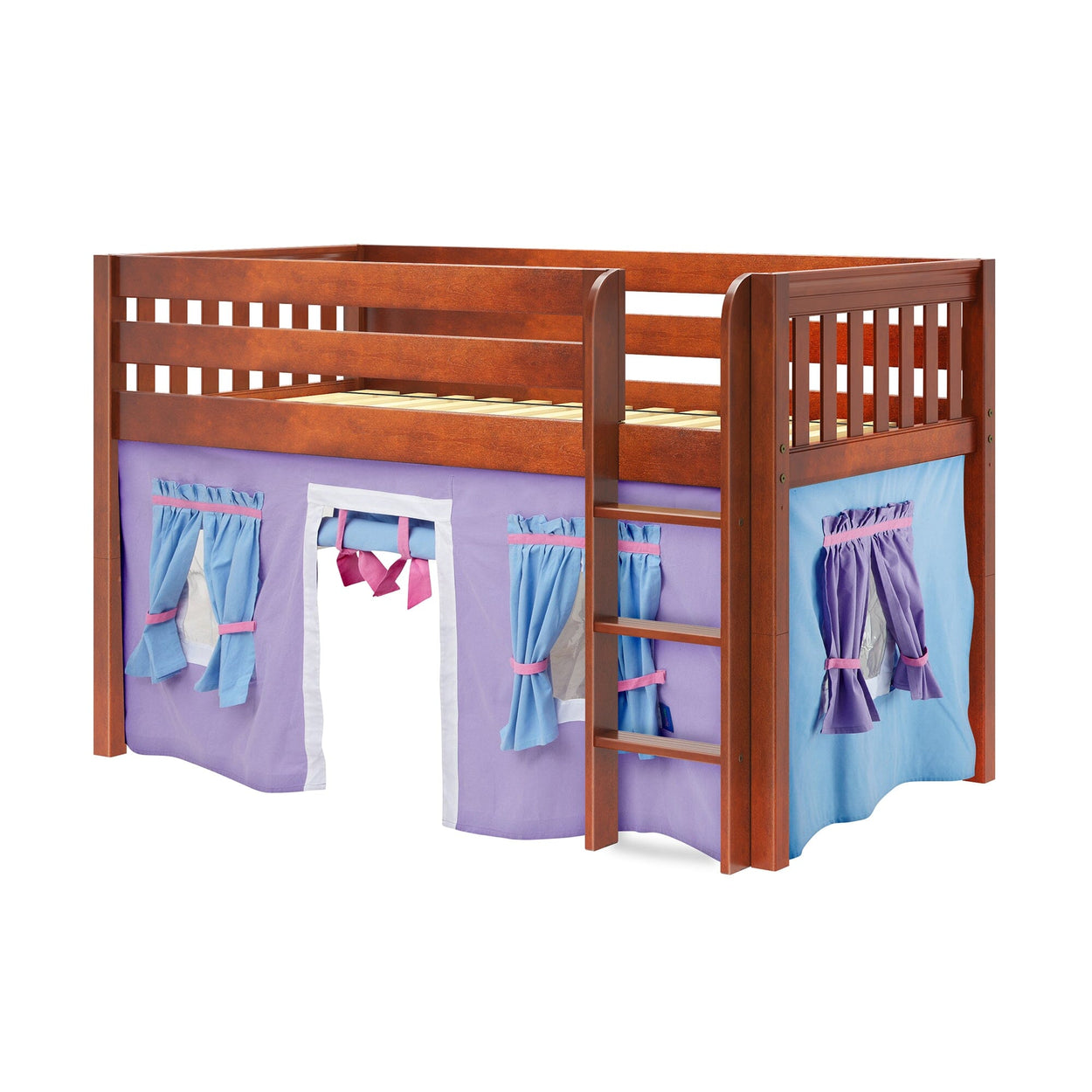 LOW RIDER27 CS : Play Loft Beds Twin Low Loft Bed with Straight Ladder + Curtain, Slat, Chestnut