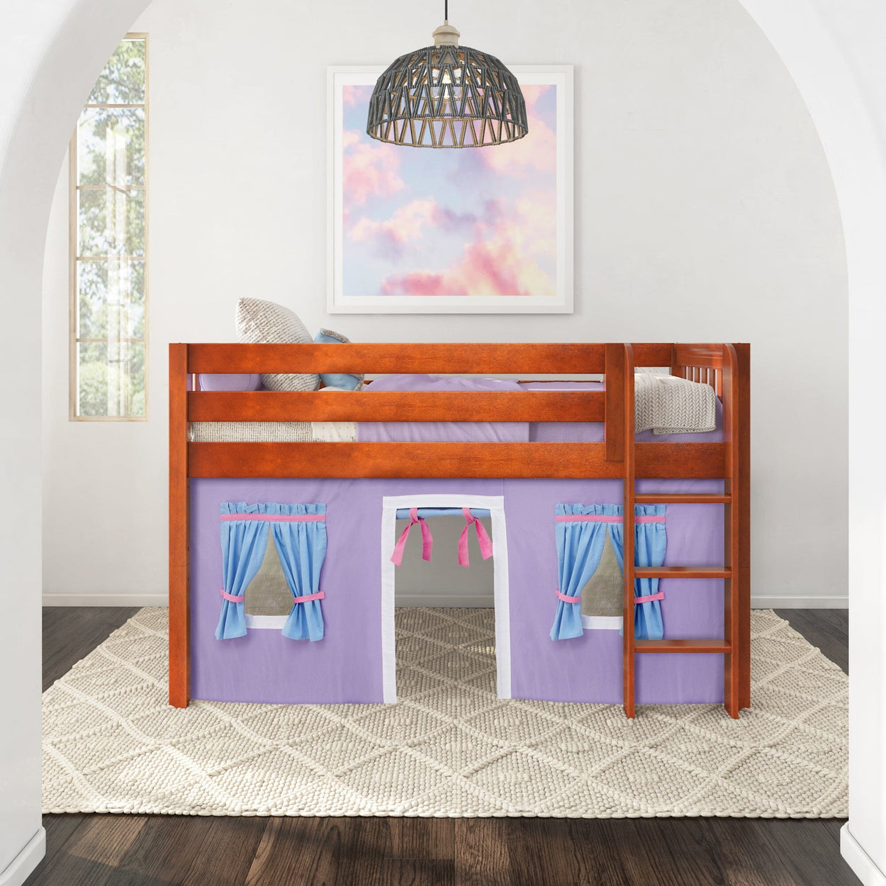 LOW RIDER27 CS : Play Loft Beds Twin Low Loft Bed with Straight Ladder + Curtain, Slat, Chestnut