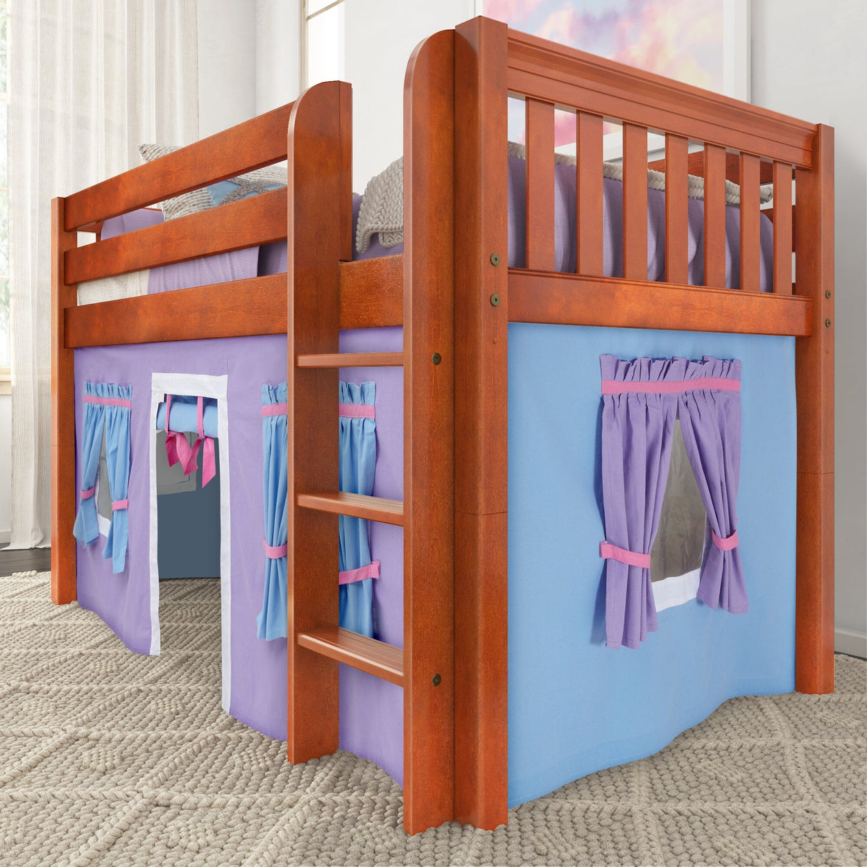 LOW RIDER27 CS : Play Loft Beds Twin Low Loft Bed with Straight Ladder + Curtain, Slat, Chestnut