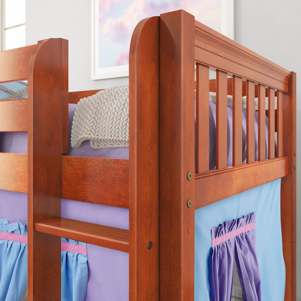 LOW RIDER27 CS : Loft Bed Twin Low Loft Bed with Straight Ladder + Curtain, Slat, Chestnut