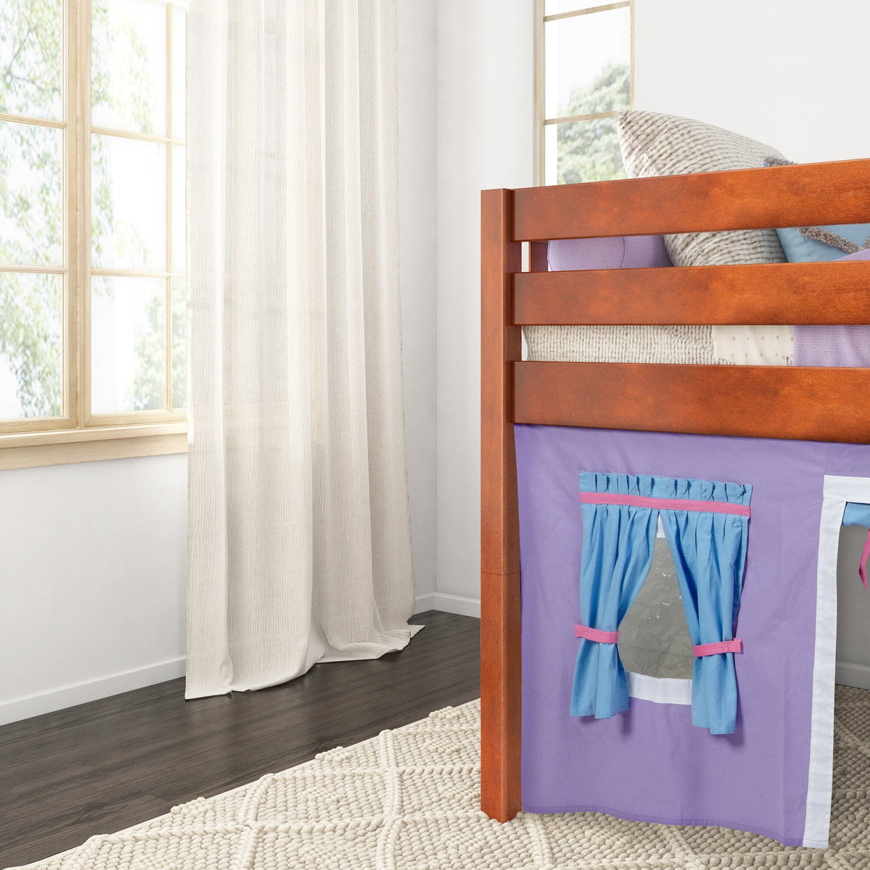 LOW RIDER27 CS : Play Loft Beds Twin Low Loft Bed with Straight Ladder + Curtain, Slat, Chestnut