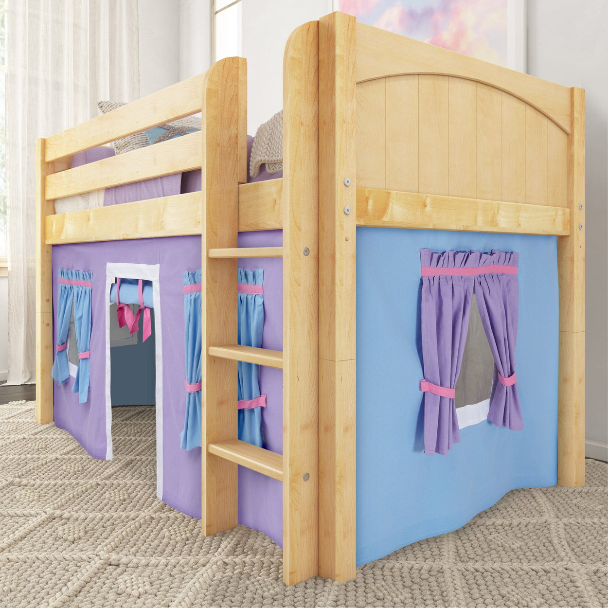 LOW RIDER27 NP : Play Loft Beds Twin Low Loft Bed with Straight Ladder + Curtain, Panel, Natural