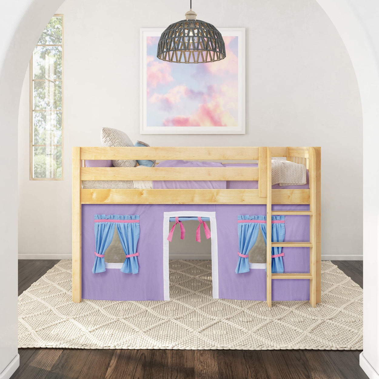 LOW RIDER27 NS : Loft Bed Twin Low Loft Bed with Straight Ladder + Curtain, Slat, Natural