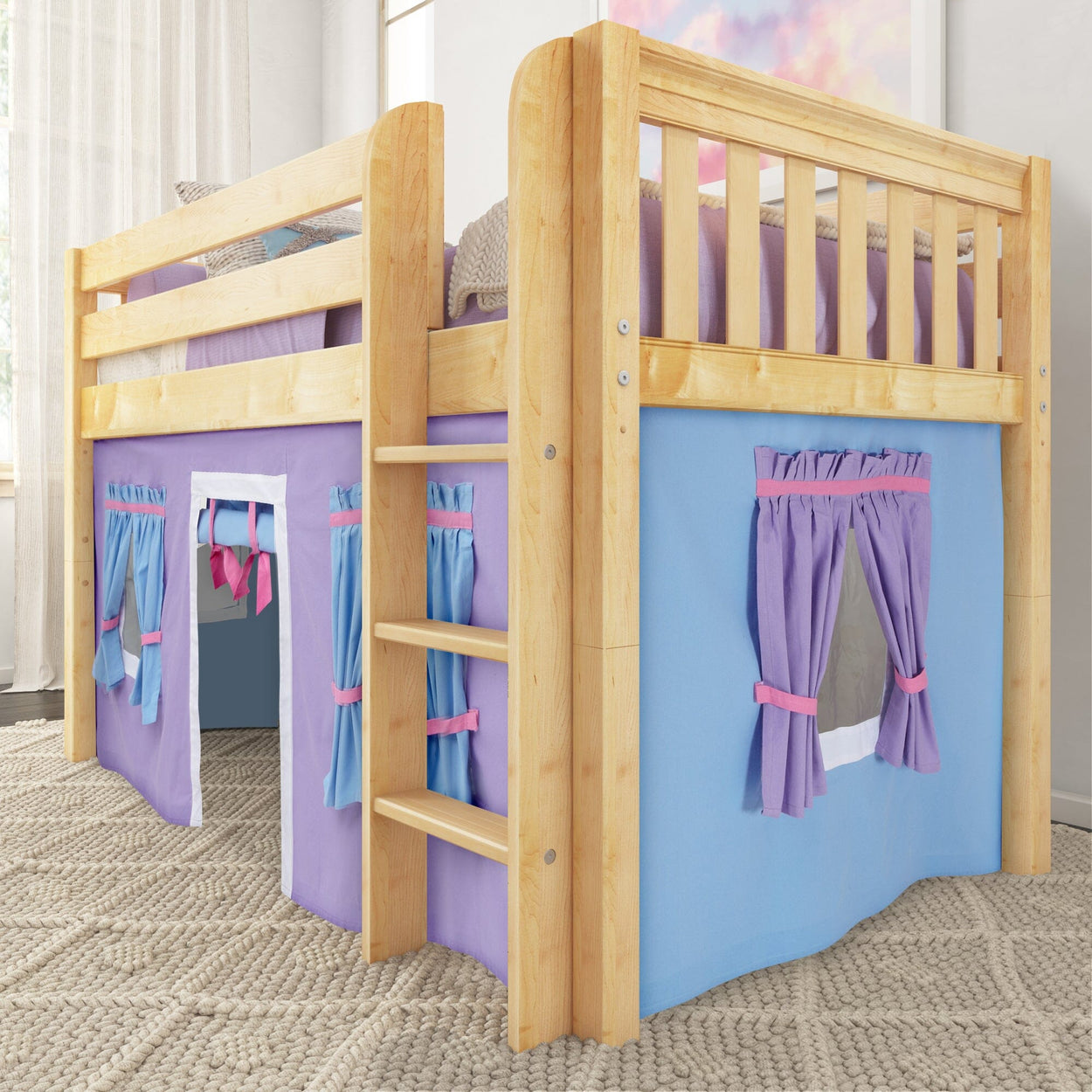 LOW RIDER27 NS : Loft Bed Twin Low Loft Bed with Straight Ladder + Curtain, Slat, Natural