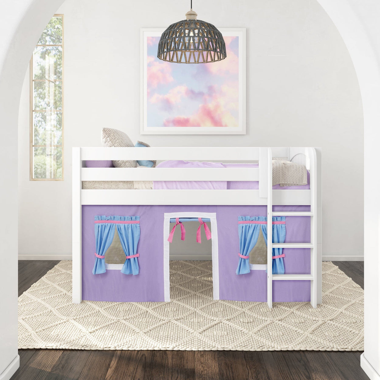 LOW RIDER27 WP : Loft Bed Twin Low Loft Bed with Straight Ladder + Curtain, Panel, White