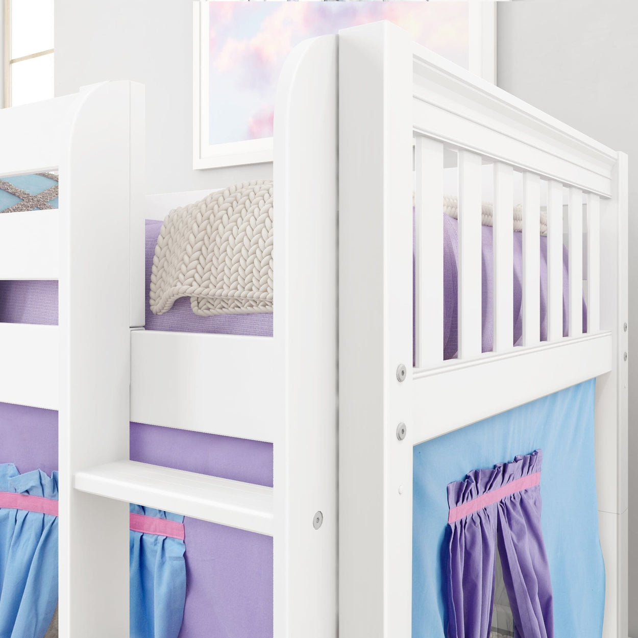 LOW RIDER27 WS : Loft Bed Twin Low Loft Bed with Straight Ladder + Curtain, Slat, White