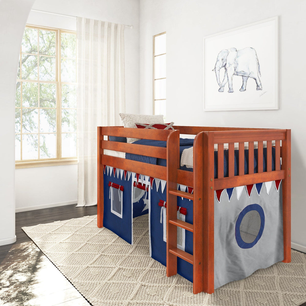 LOW RIDER44 CS : Play Loft Beds Twin Low Loft Bed with Straight Ladder + Curtain, Slat, Chestnut