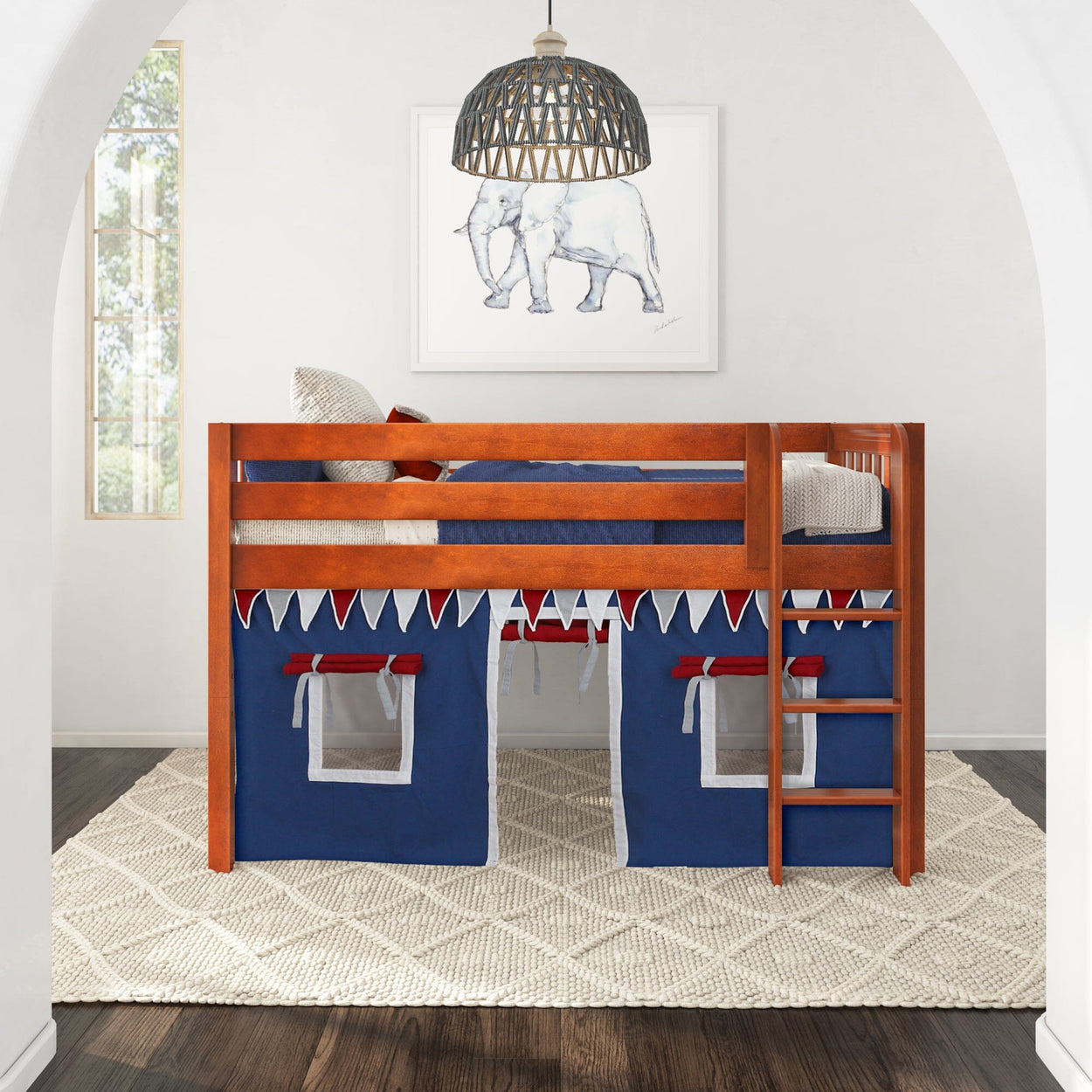 LOW RIDER44 CS : Loft Bed Twin Low Loft Bed with Straight Ladder + Curtain, Slat, Chestnut