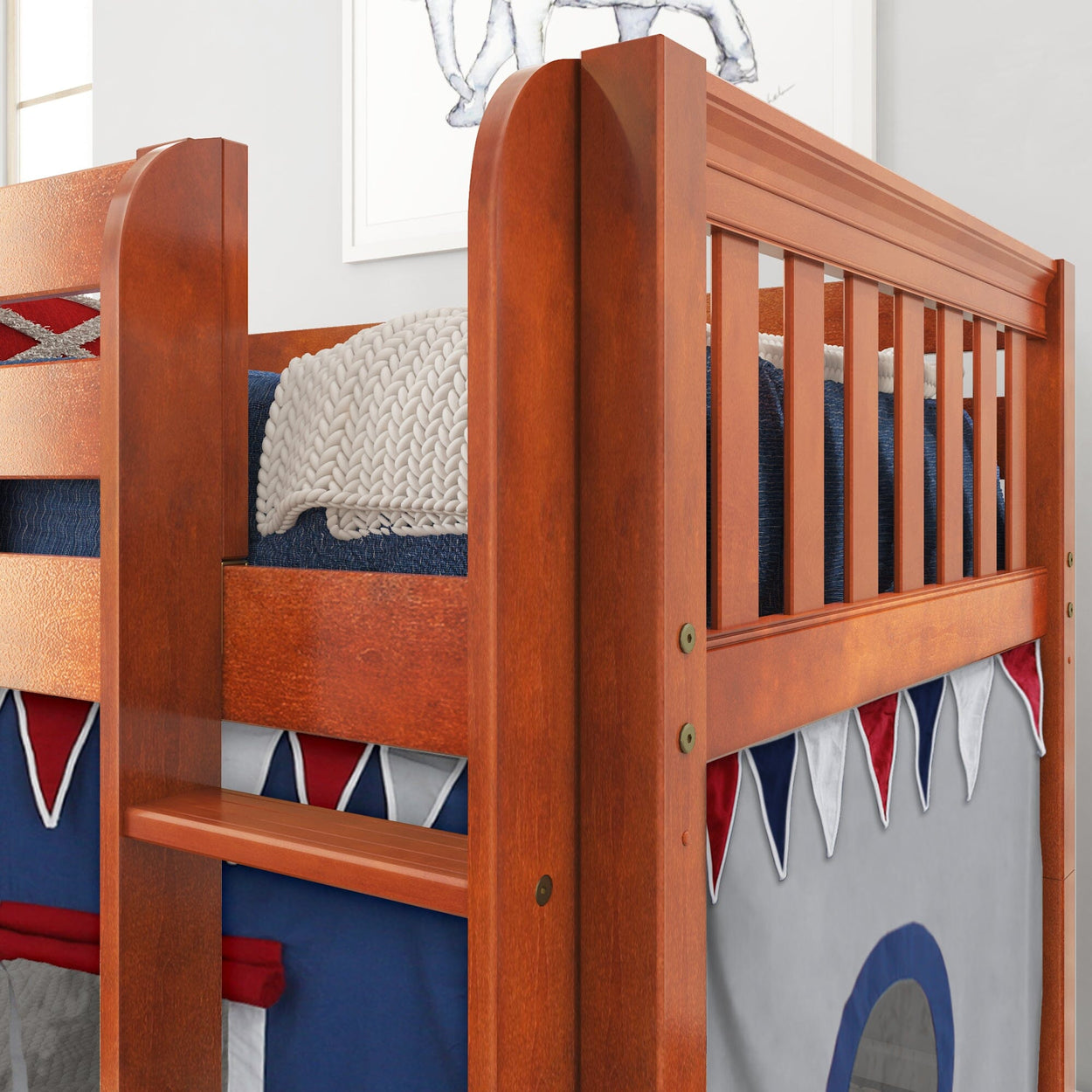 LOW RIDER44 CS : Loft Bed Twin Low Loft Bed with Straight Ladder + Curtain, Slat, Chestnut