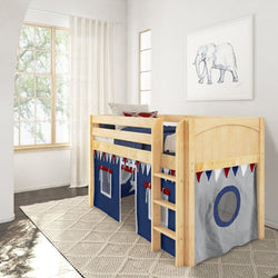 LOW RIDER44 NP : Play Loft Beds Twin Low Loft Bed with Straight Ladder + Curtain, Panel, Natural