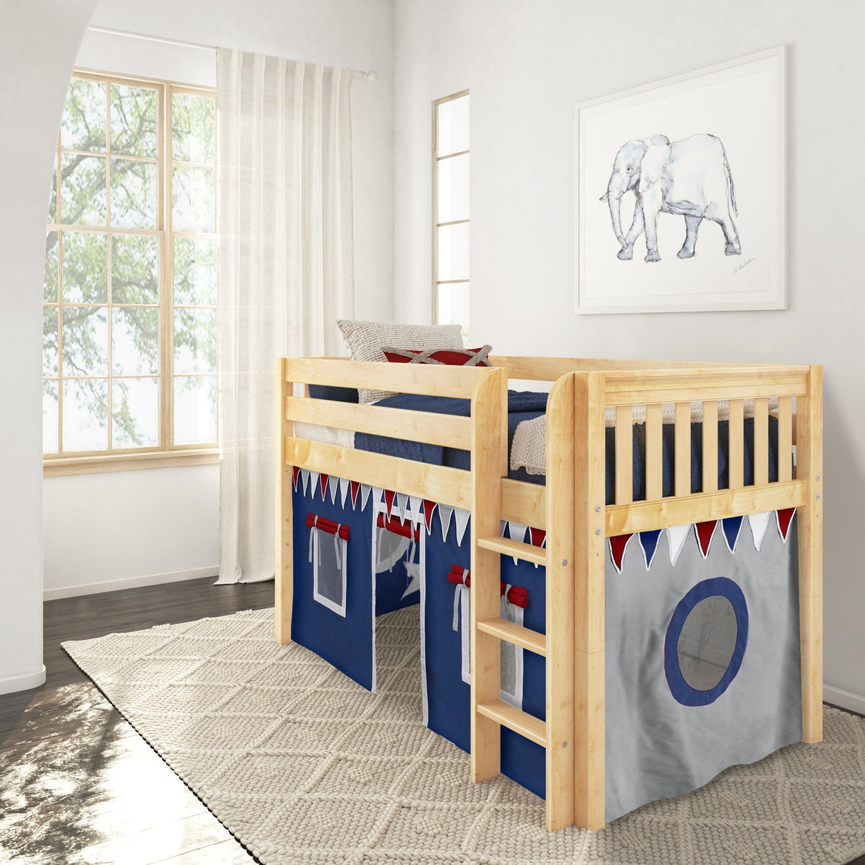 LOW RIDER44 NS : Play Loft Beds Twin Low Loft Bed with Straight Ladder + Curtain, Slat, Natural