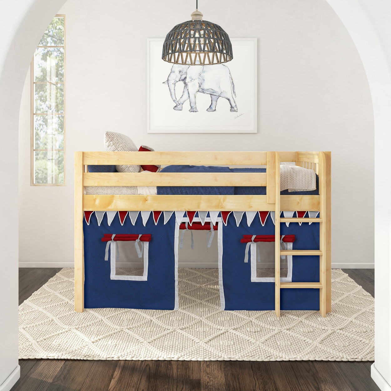 LOW RIDER44 NS : Play Loft Beds Twin Low Loft Bed with Straight Ladder + Curtain, Slat, Natural