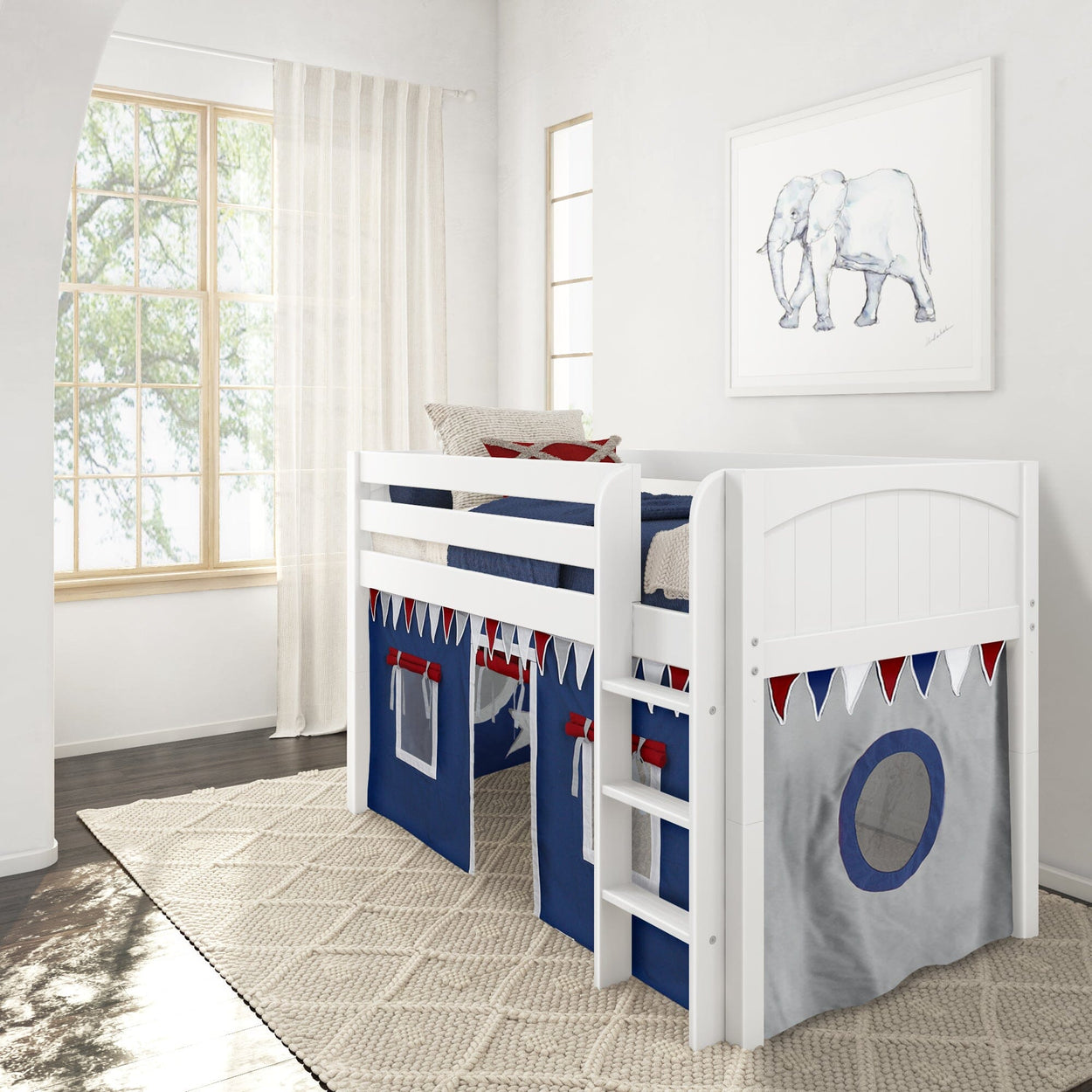 LOW RIDER44 WP : Play Loft Beds Twin Low Loft Bed with Straight Ladder + Curtain, Panel, White