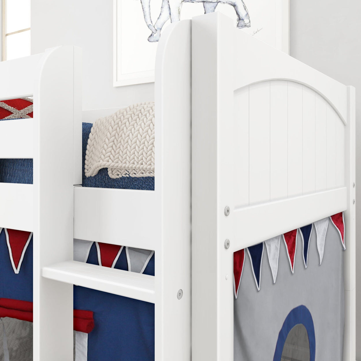 LOW RIDER44 WP : Loft Bed Twin Low Loft Bed with Straight Ladder + Curtain, Panel, White