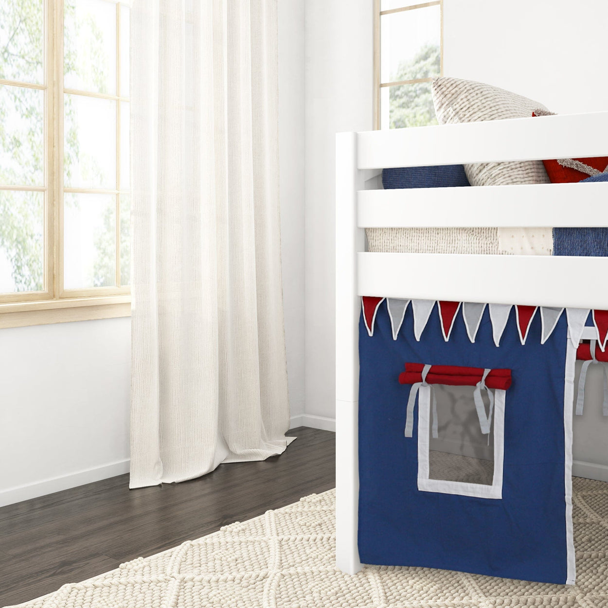 LOW RIDER44 WP : Play Loft Beds Twin Low Loft Bed with Straight Ladder + Curtain, Panel, White