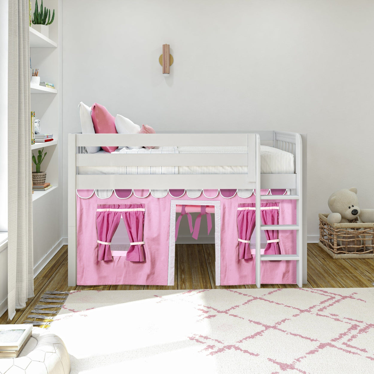 LOW RIDER64 WS : Play Loft Beds Twin Low Loft Bed with Straight Ladder + Curtain, Slat, White