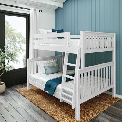 LUSH XL WS : Staggered Bunk Beds Full XL over Queen High Bunk Bed with Angled Ladder, Slat, White