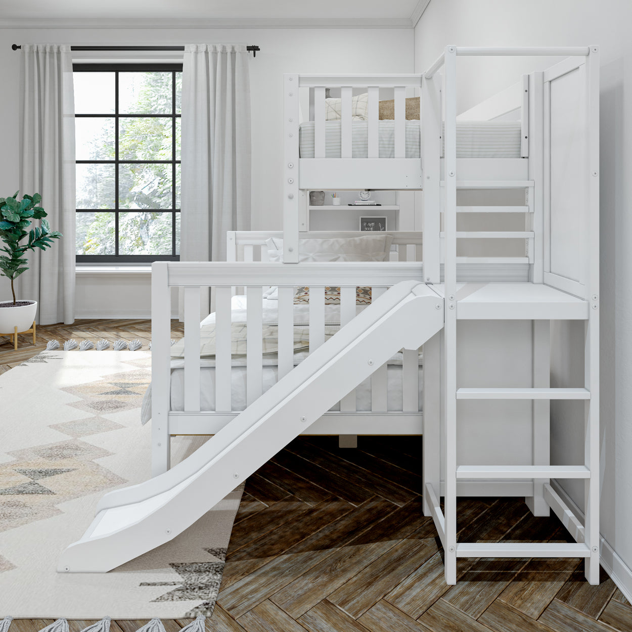 MELD XL WS : Play Bunk Beds Twin XL over Queen High Bunk Bed with Slide Platform, Slat, White