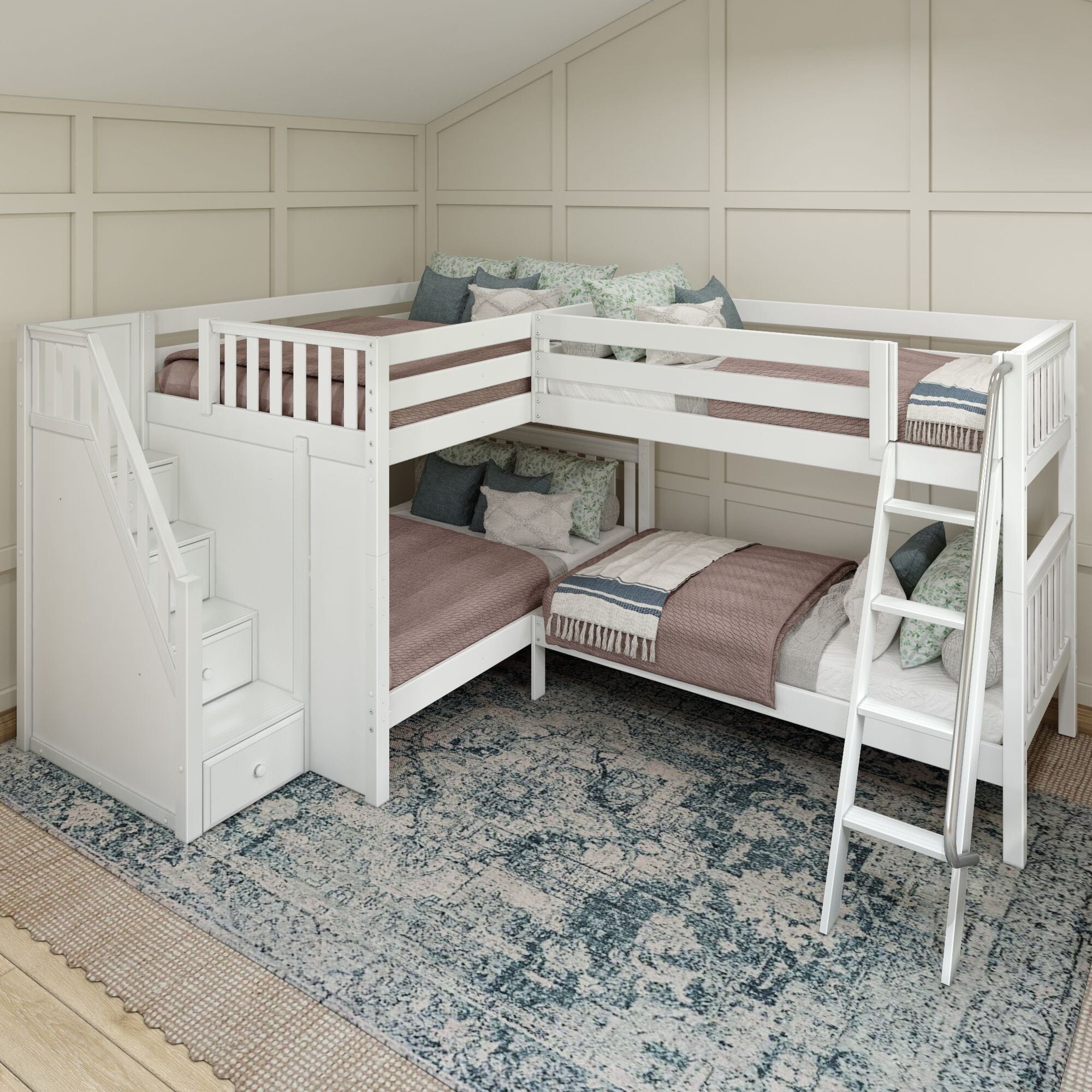 Full + Twin Medium Corner Bunk with Angled Ladder and Stairs on Left ...