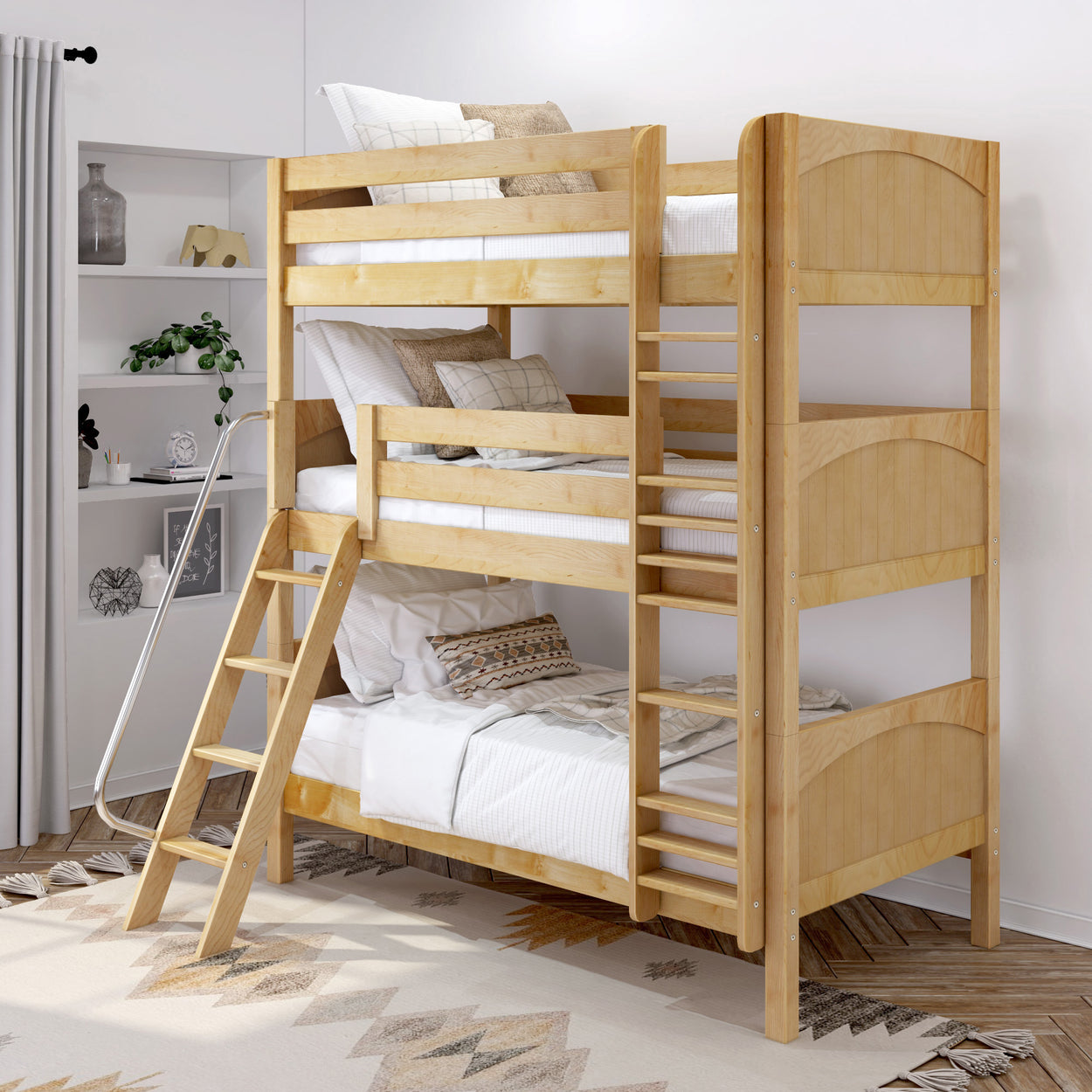 MOLY NP : Triple Bunk Twin Triple Bunk Bed with Angled and Straight Ladder on Front, Panel, Natural