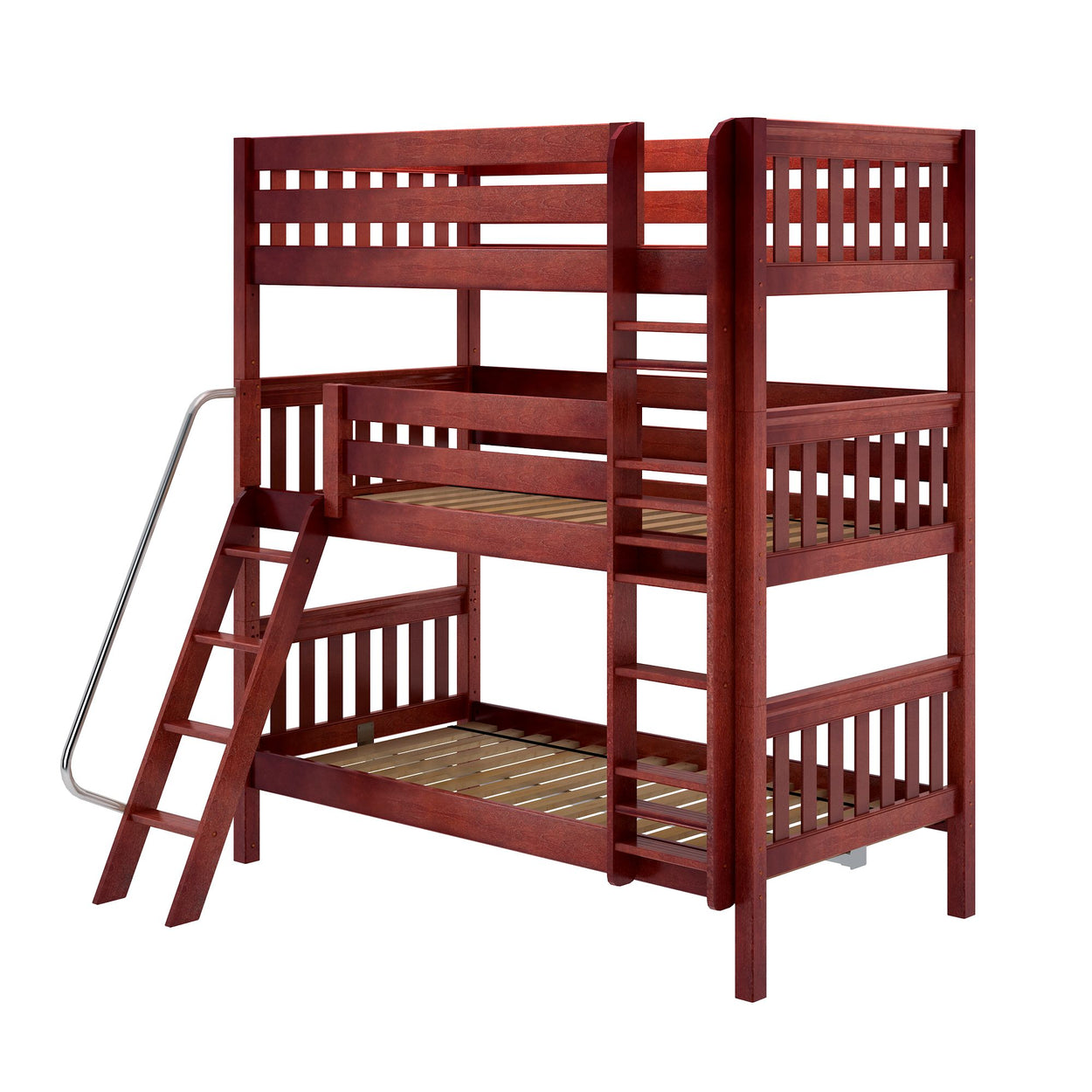 MOLY XL CS : Triple Bunk Twin XL Triple Bunk Bed with Angled and Straight Ladder on Front, Slat, Chestnut