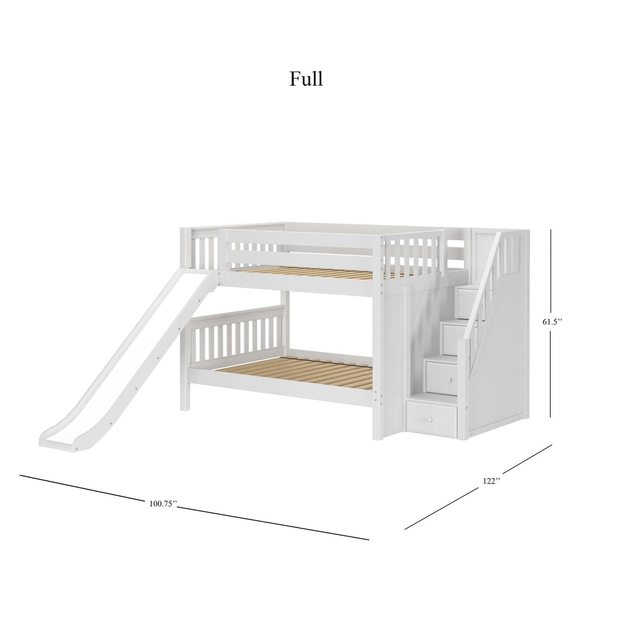 MOUNTAIN WS : Bunk Bed Full Low Bunk Bed with Stairs + Slide, Slat, White