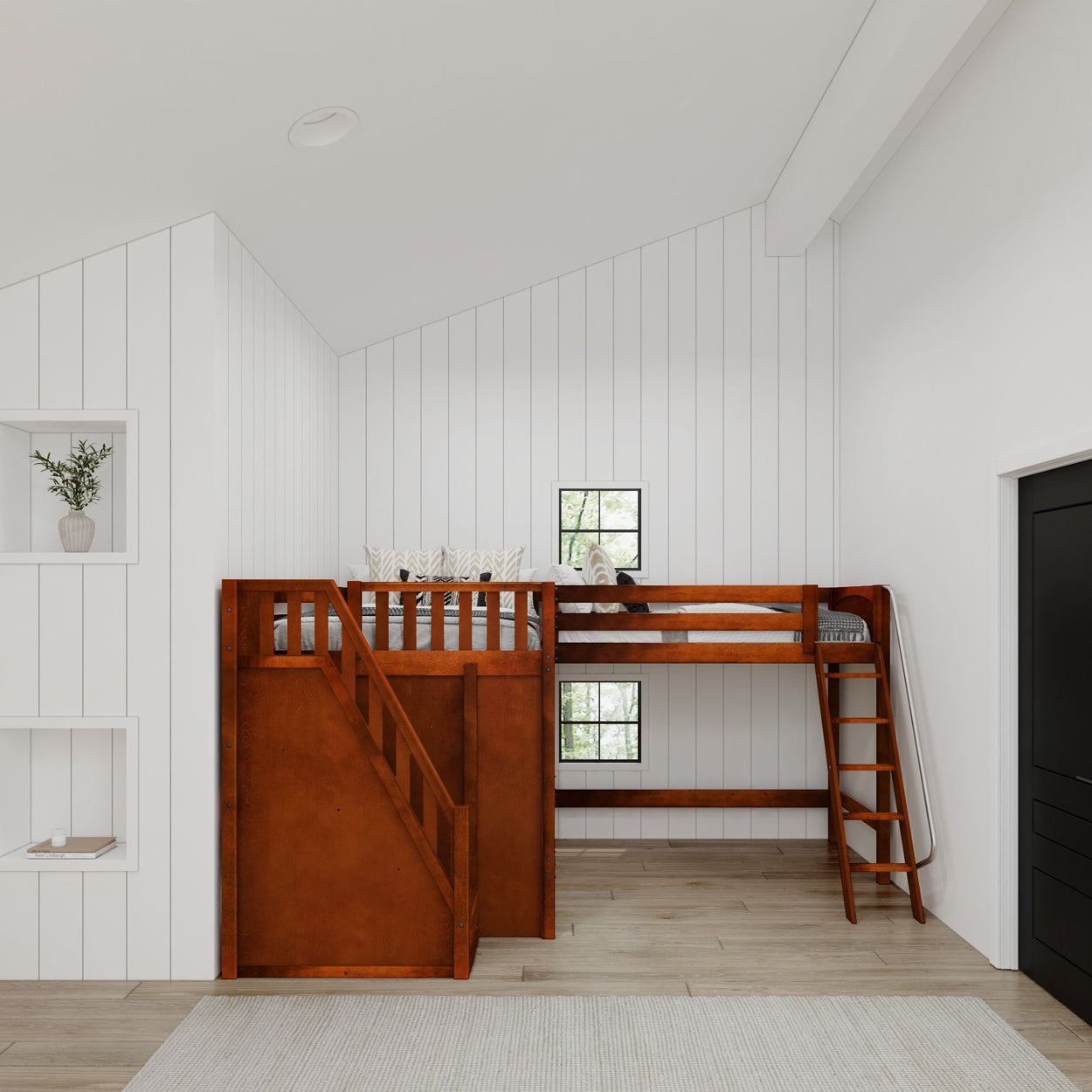 PEAK CP : Corner Loft Beds Full + Twin High Corner Loft Bed with Ladder + Stairs - L, Panel, Chestnut