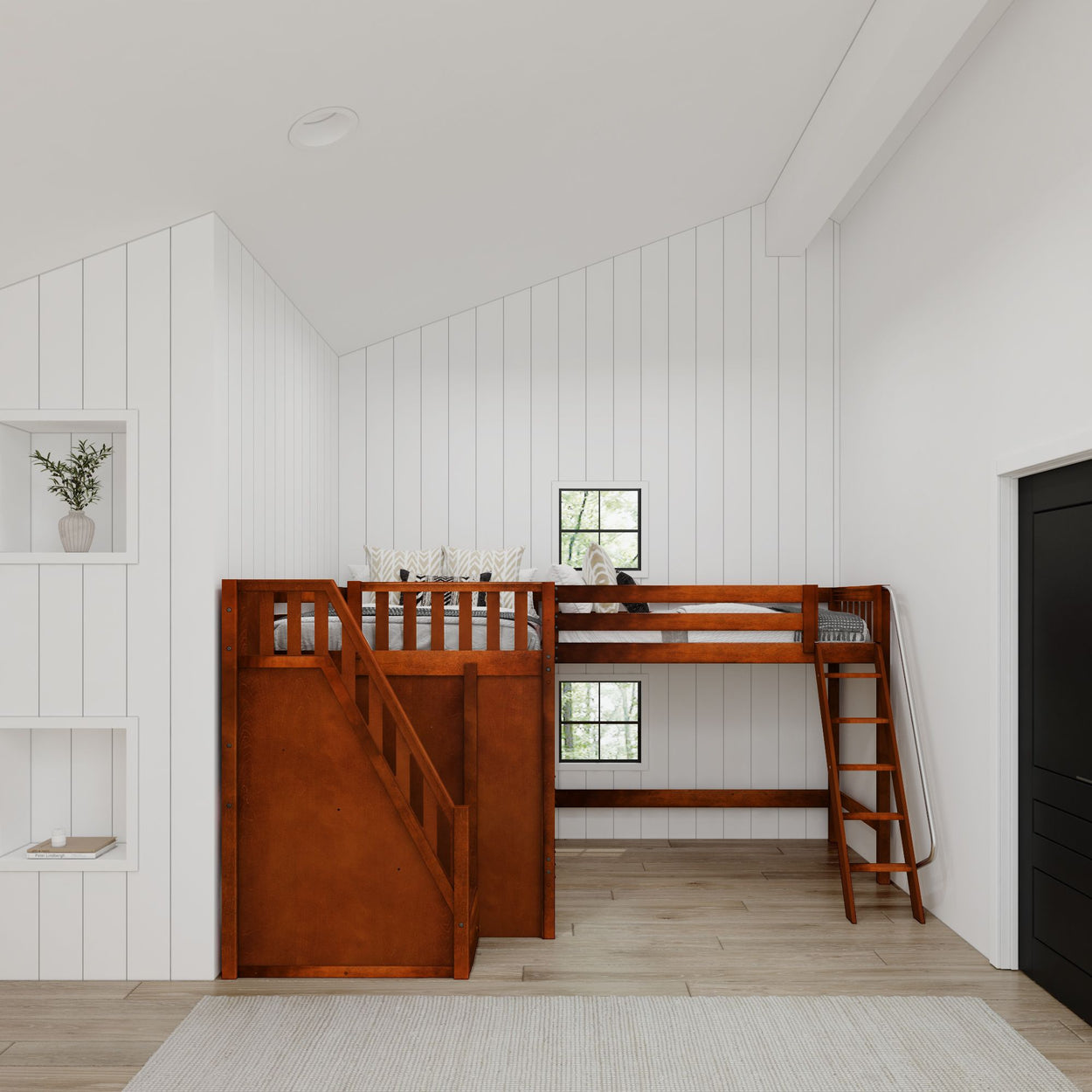 PEAK CS : Corner Loft Beds Full + Twin High Corner Loft Bed with Ladder + Stairs - L, Slat, Chestnut