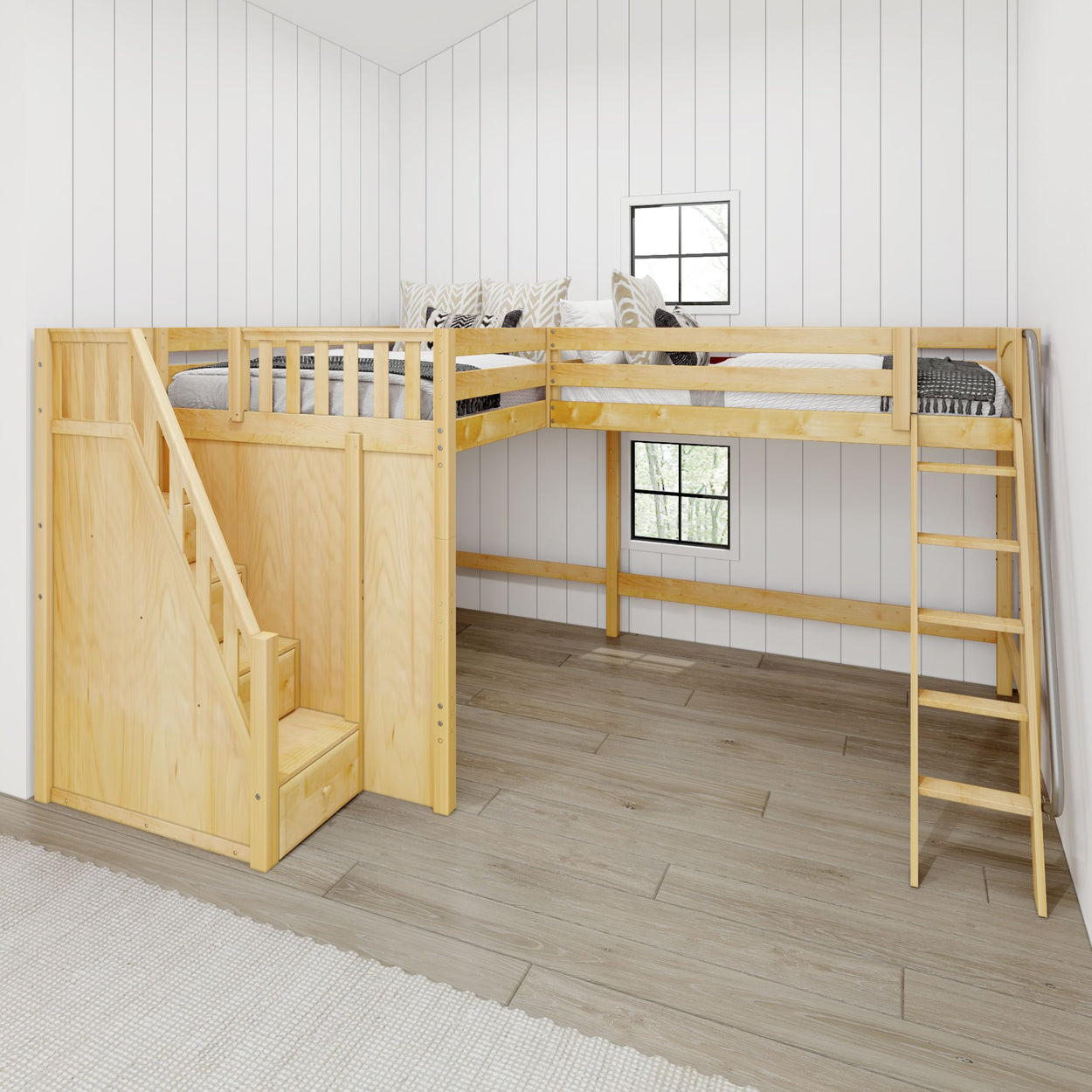 PEAK NP : Corner Loft Beds Full + Twin High Corner Loft Bed with Ladder + Stairs - L, Panel, Natural