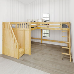 PEAK NS : Corner Loft Beds Full + Twin High Corner Loft Bed with Ladder + Stairs - L, Slat, Natural