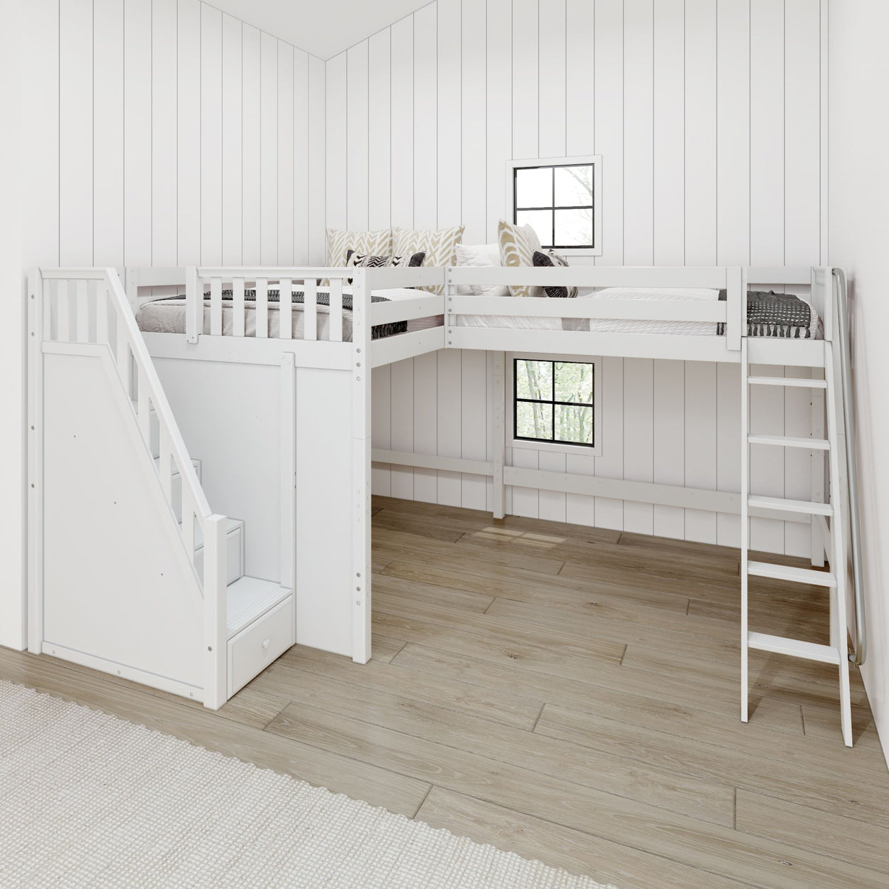 PEAK WS : Corner Loft Beds Full + Twin High Corner Loft Bed with Ladder + Stairs - L, Slat, White