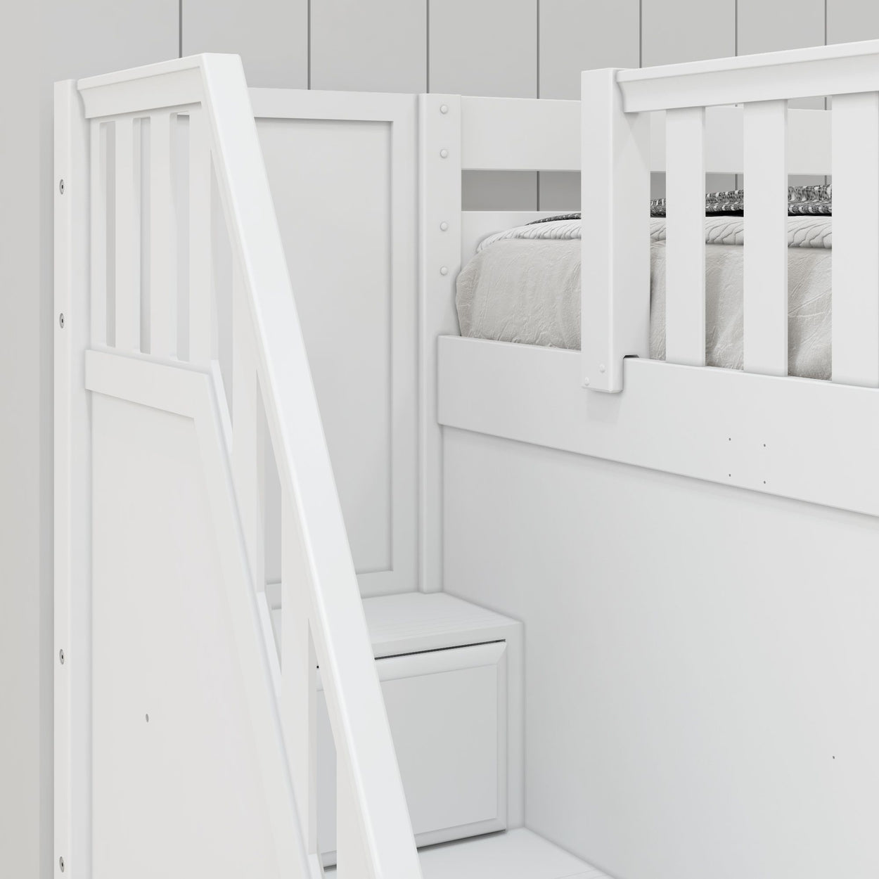 PEAK WS : Corner Loft Beds Full + Twin High Corner Loft Bed with Ladder + Stairs - L, Slat, White