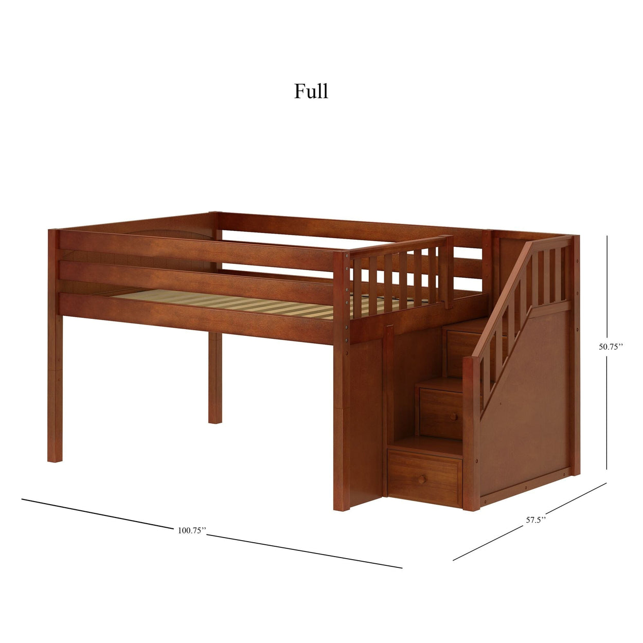 PERFECT CP : Loft Bed Full Low Loft Bed with Stairs, Panel, Chestnut