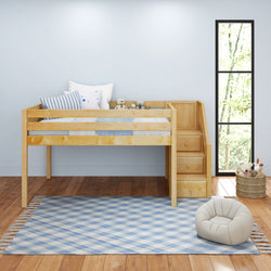 PERFECT NP : Loft Bed Full Low Loft Bed with Stairs, Panel, Natural