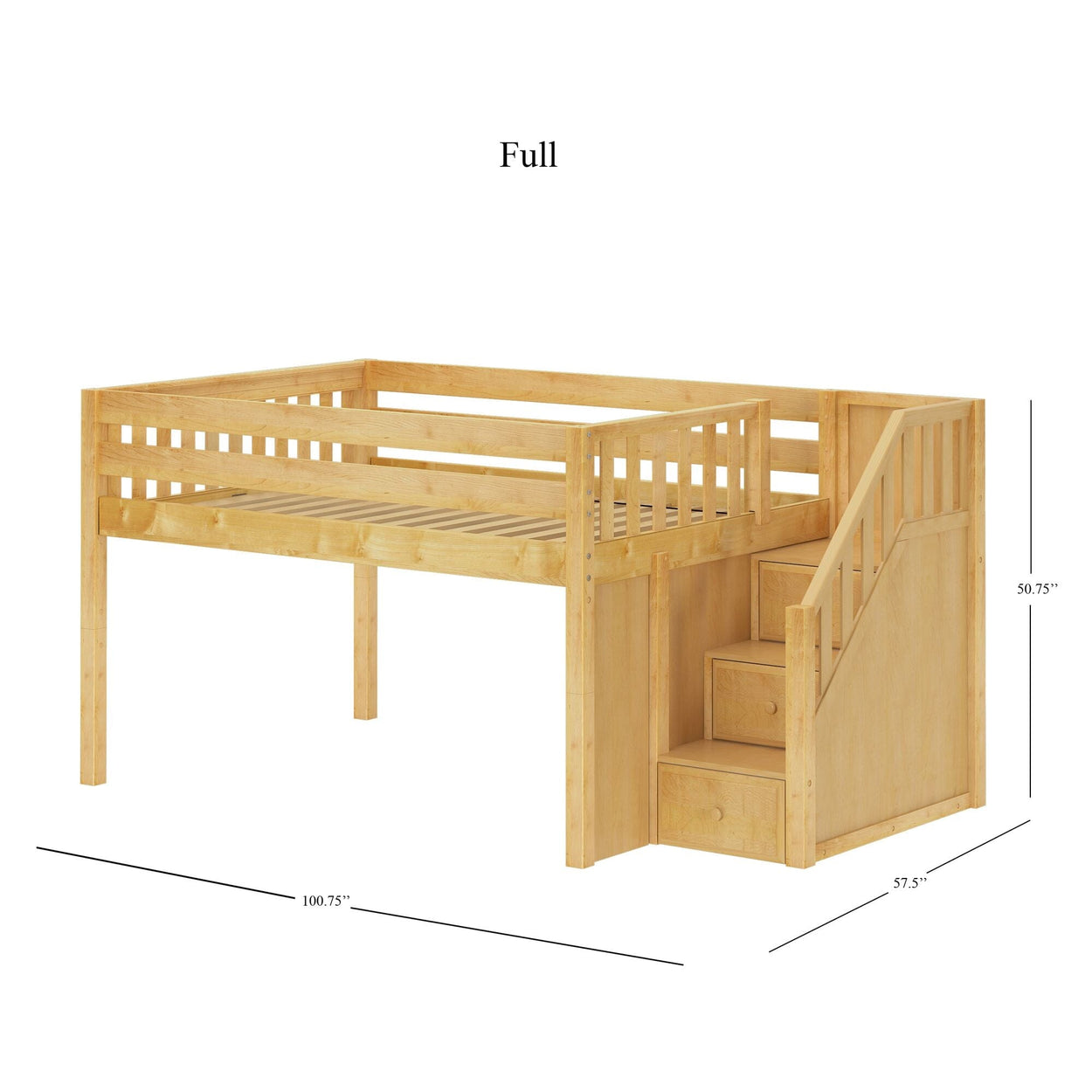 PERFECT NS : Staircase Loft Beds Full Low Loft Bed with Stairs, Slat, Natural