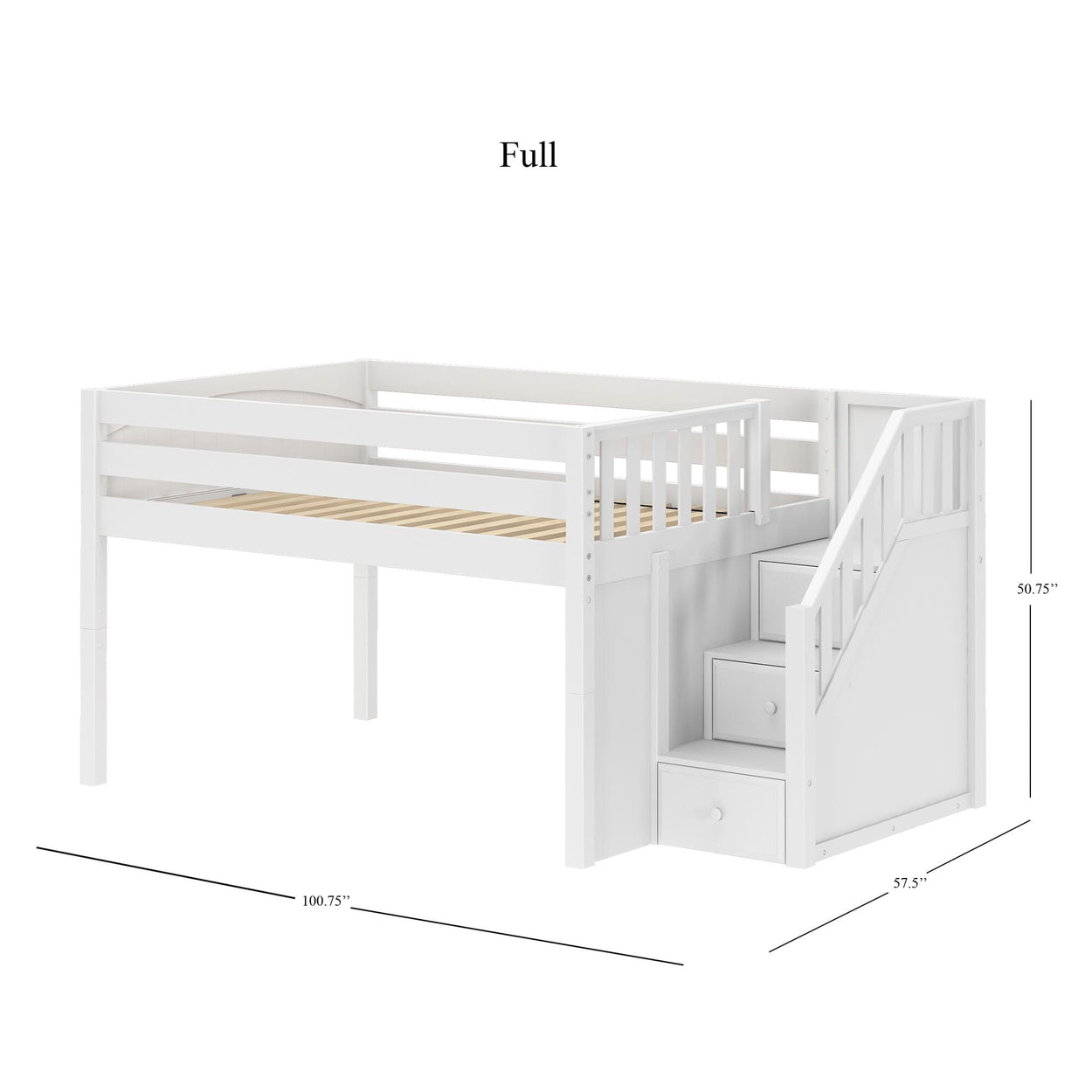 PERFECT WP : Standard Loft Beds Full Low Loft Bed with Stairs, Panel, White