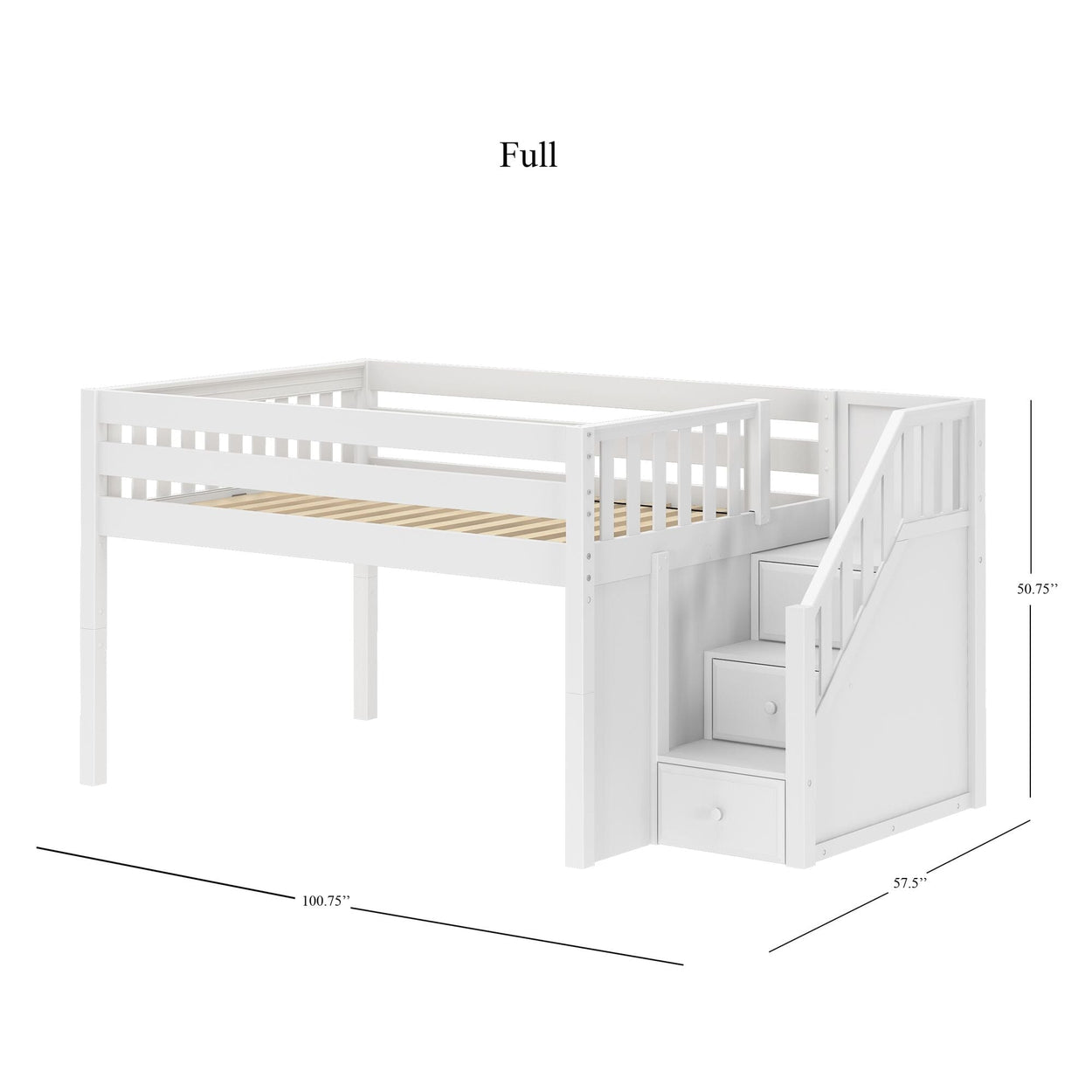 PERFECT WS : Standard Loft Beds Full Low Loft Bed with Stairs, Slat, White